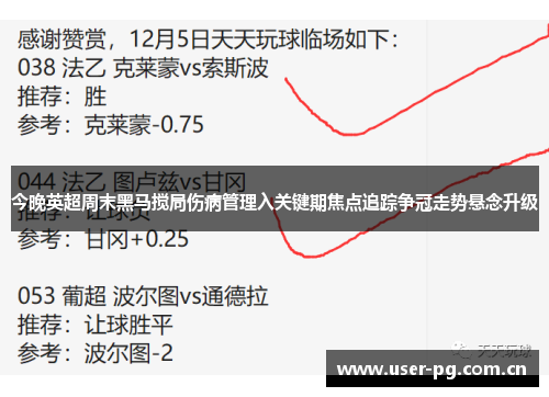今晚英超周末黑马搅局伤病管理入关键期焦点追踪争冠走势悬念升级 今晚英超周末黑马搅局伤病管理入关键期焦点追踪争冠走势悬念升级