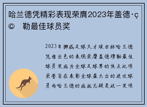 哈兰德凭精彩表现荣膺2023年盖德·穆勒最佳球员奖 哈兰德凭精彩表现荣膺2023年盖德·穆勒最佳球员奖